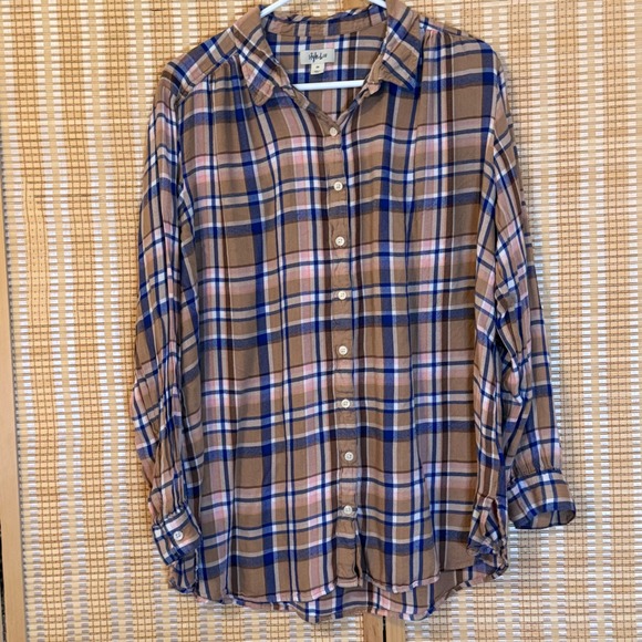 Style & Co. Tops - Style & Co Women 2X Brown Blue Plaid Button Down Rayon Shirt Long Sleeve Top